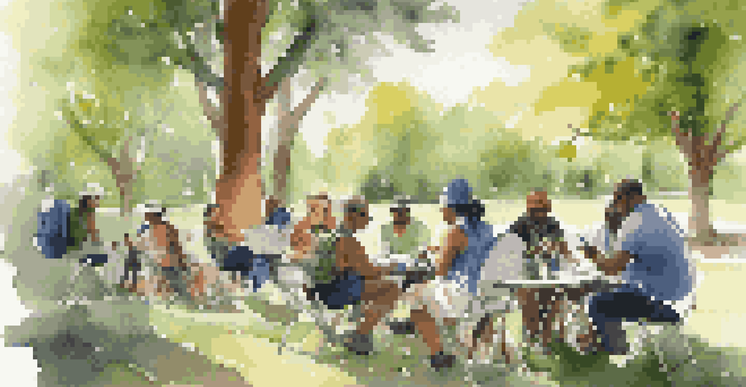 An outdoor travel workshop with a diverse group of people engaged in discussions under a sunny, green park.