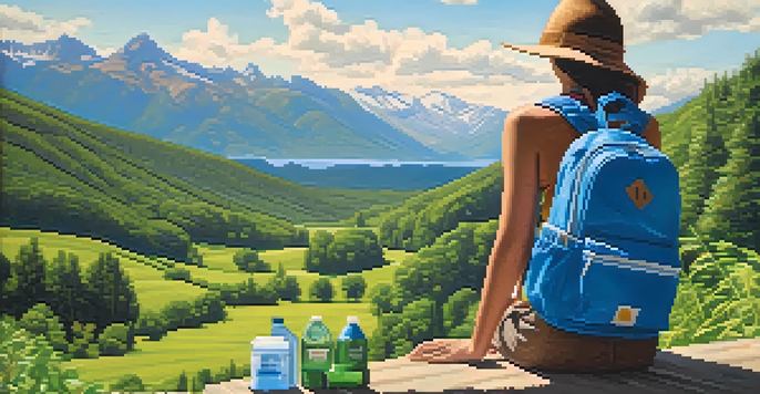 A traveler packing a backpack with reusable items in a green outdoor setting.