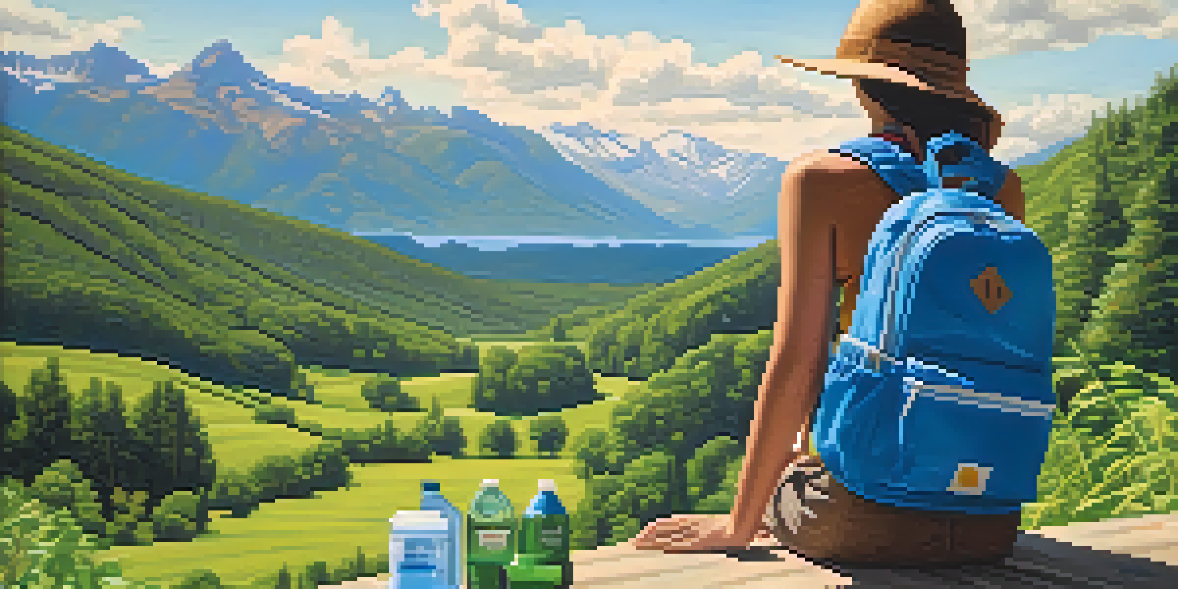 A traveler packing a backpack with reusable items in a green outdoor setting.