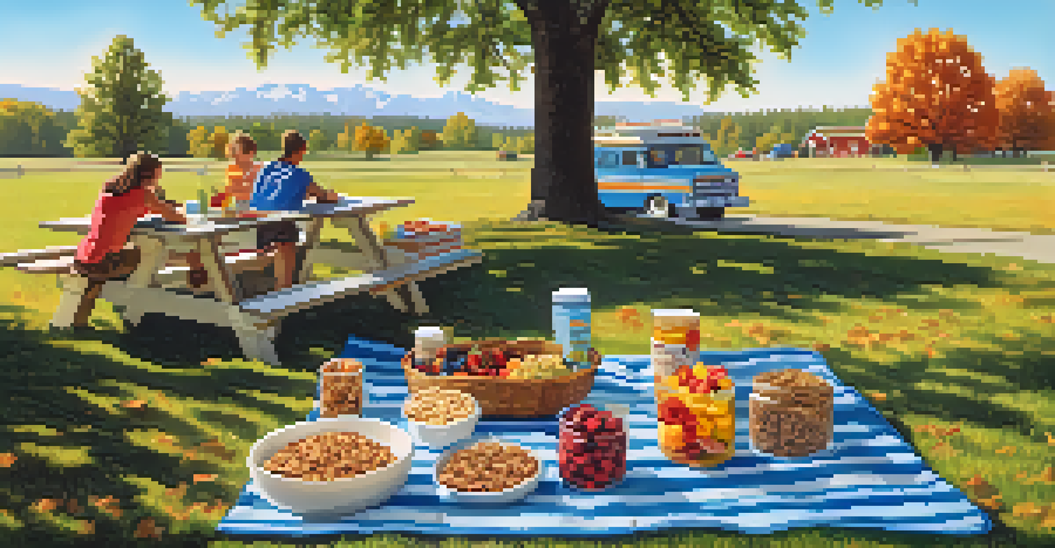 A family enjoying a picnic with healthy snacks at a rest stop during a road trip, surrounded by nature.
