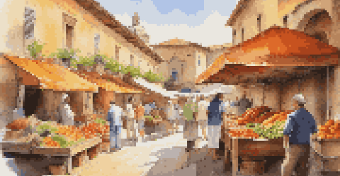 A bustling Mediterranean market filled with colorful fruits and vegetables, with vendors and visitors, under warm sunlight.