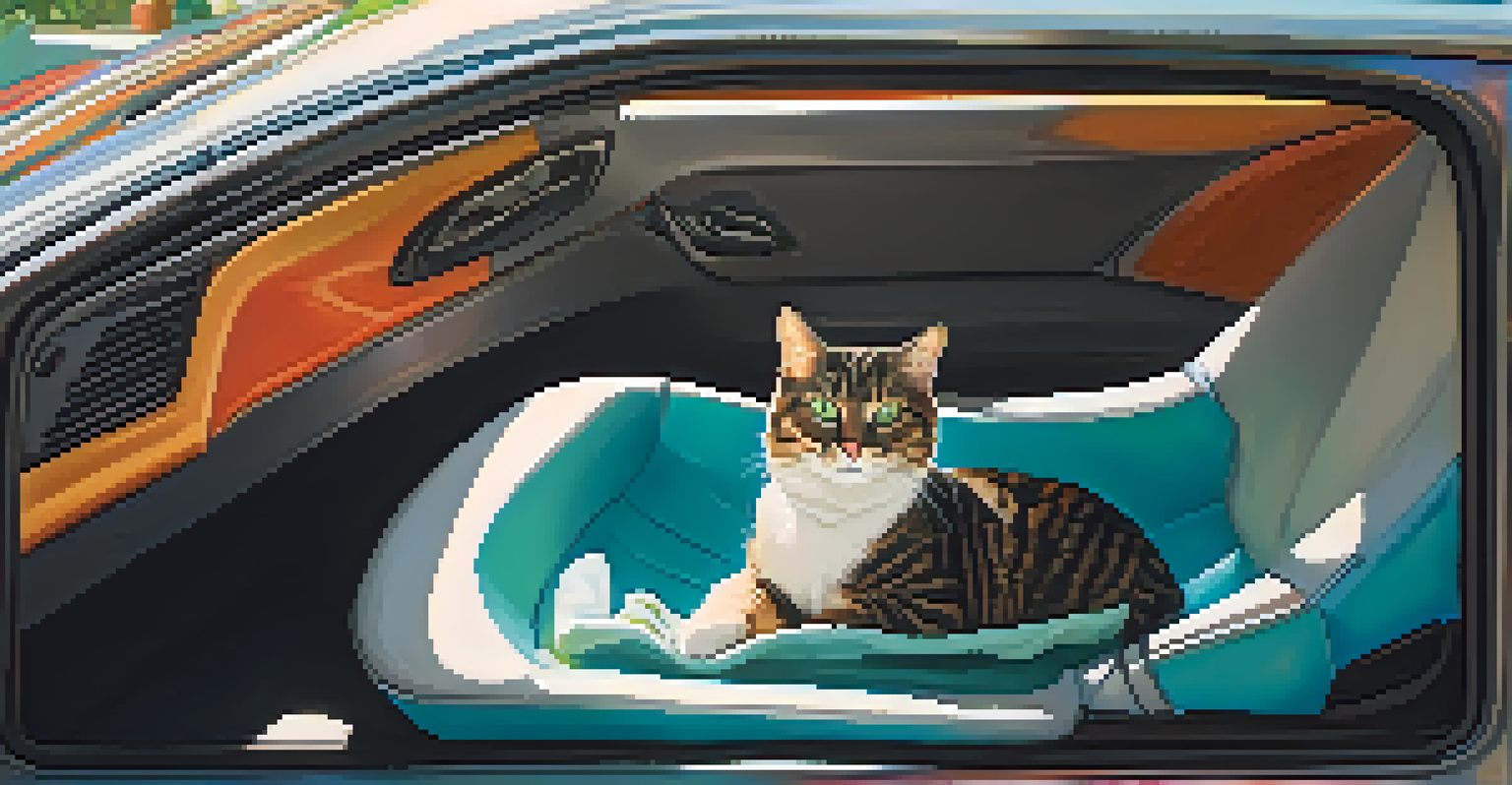 A cat in a calming harness inside a colorful car, looking out the window with a spill-proof water bowl nearby.