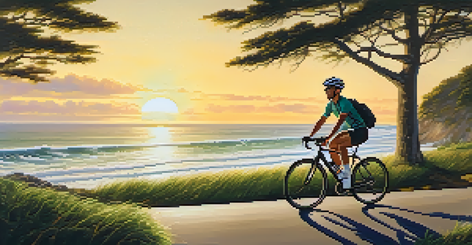 A cyclist riding along a coastal bike path at sunset, with the ocean waves in the background and greenery framing the scene.