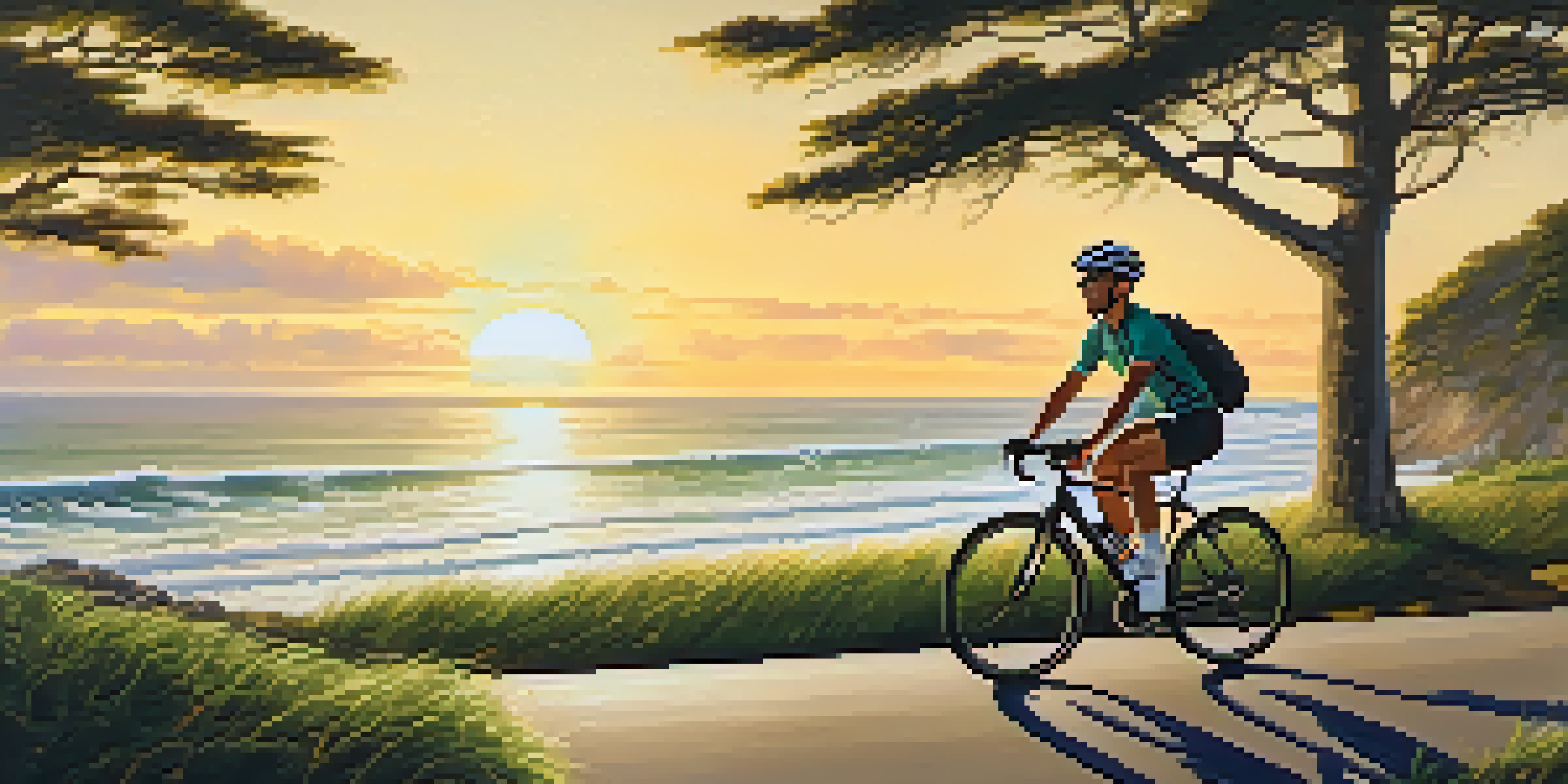 A cyclist riding along a coastal bike path at sunset, with the ocean waves in the background and greenery framing the scene.