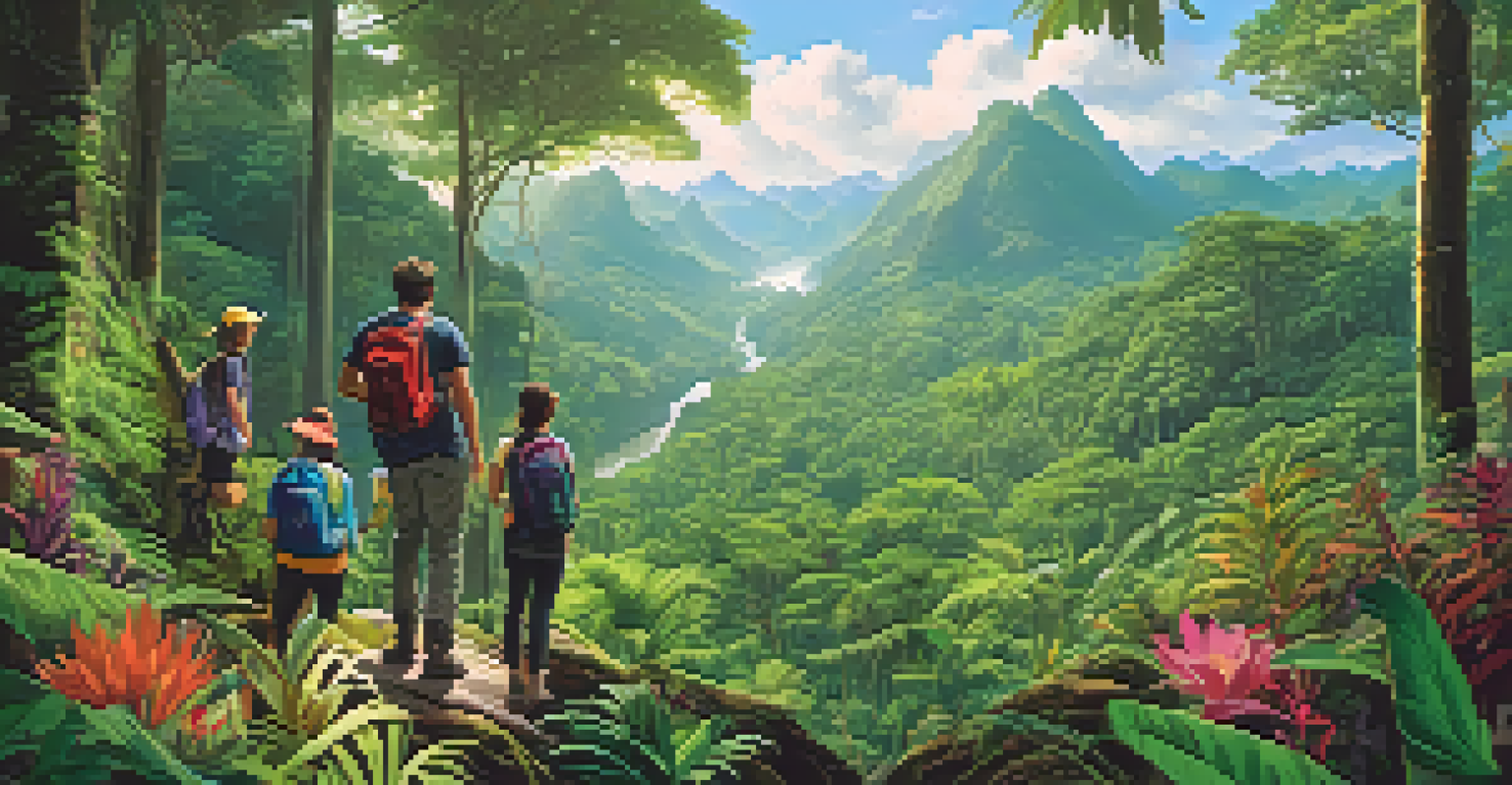 Students hiking in a lush rainforest, observing wildlife and taking notes amidst vibrant greenery.