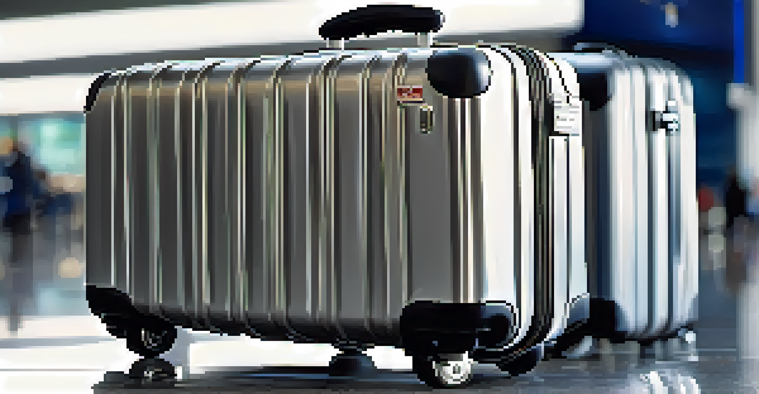 A close-up of a durable hard-shell suitcase with a TSA lock, showcasing its sleek design and security features in an airport setting.