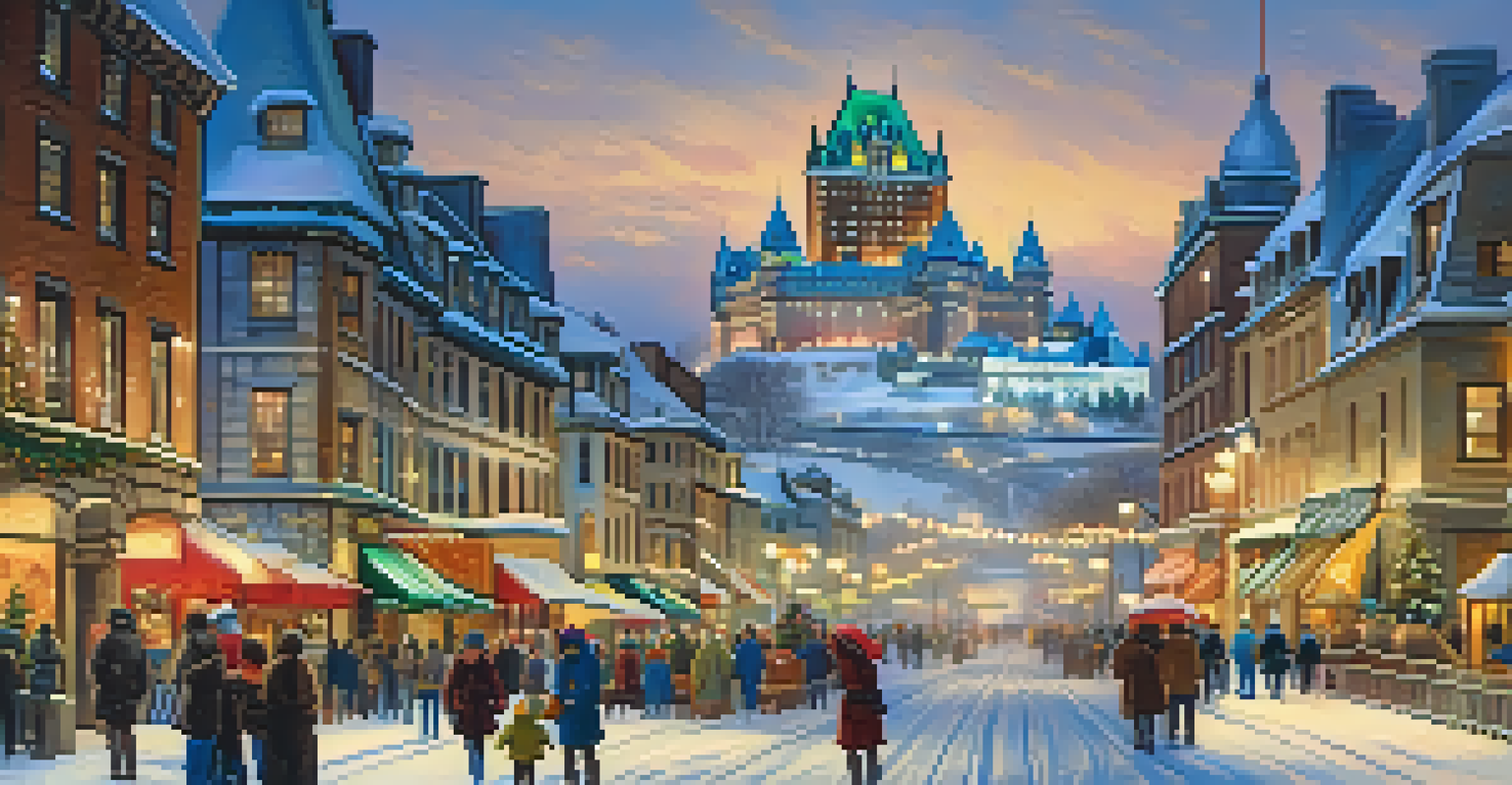 A charming winter scene in Quebec City featuring historic buildings, the Château Frontenac, and festive activities.