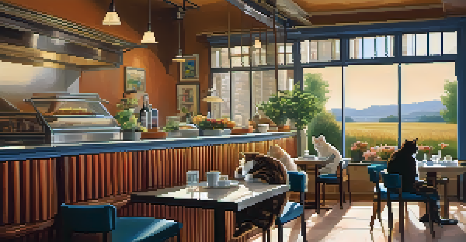 A cat on a window sill in a modern indoor pet-friendly restaurant with a couple dining at a table.
