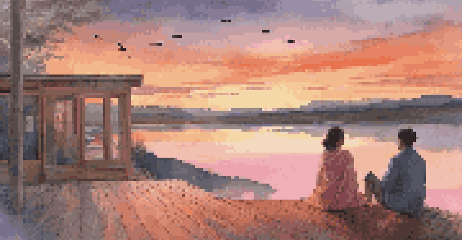 A wooden deck at sunset with a couple relaxing by a hot spring, showcasing colorful reflections in the water and a peaceful ambiance.