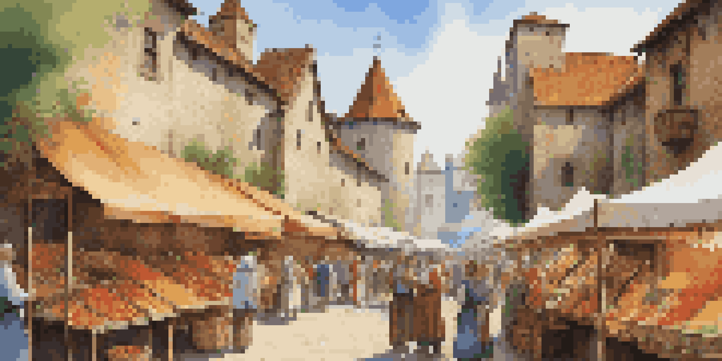 A bustling medieval market with vendors and townsfolk, colorful stalls, and a castle in the background under a blue sky.