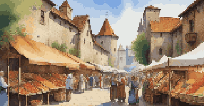 A bustling medieval market with vendors and townsfolk, colorful stalls, and a castle in the background under a blue sky.