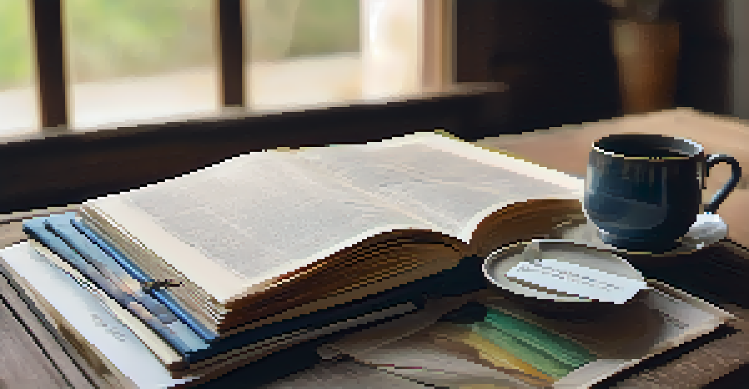 An open family history book on a wooden table, filled with photographs and handwritten notes, with a cup of tea beside it.