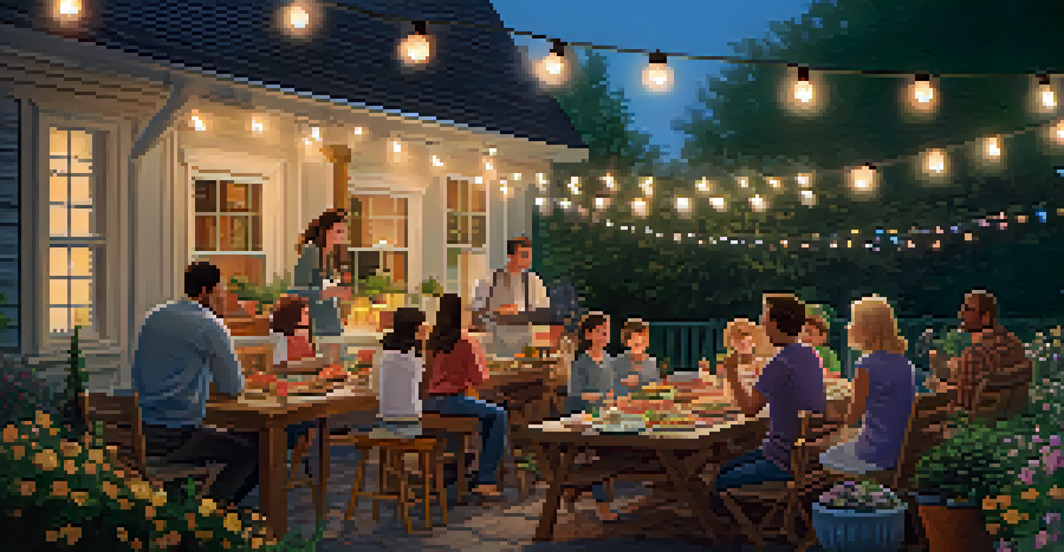 A backyard family gathering with a barbecue grill, a long table with potluck dishes, and families enjoying games under string lights.