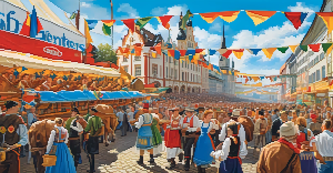 A vibrant Oktoberfest parade in Munich with traditional costumes, horse-drawn beer wagons, and festive bands, set against a backdrop of beer tents and a blue sky.