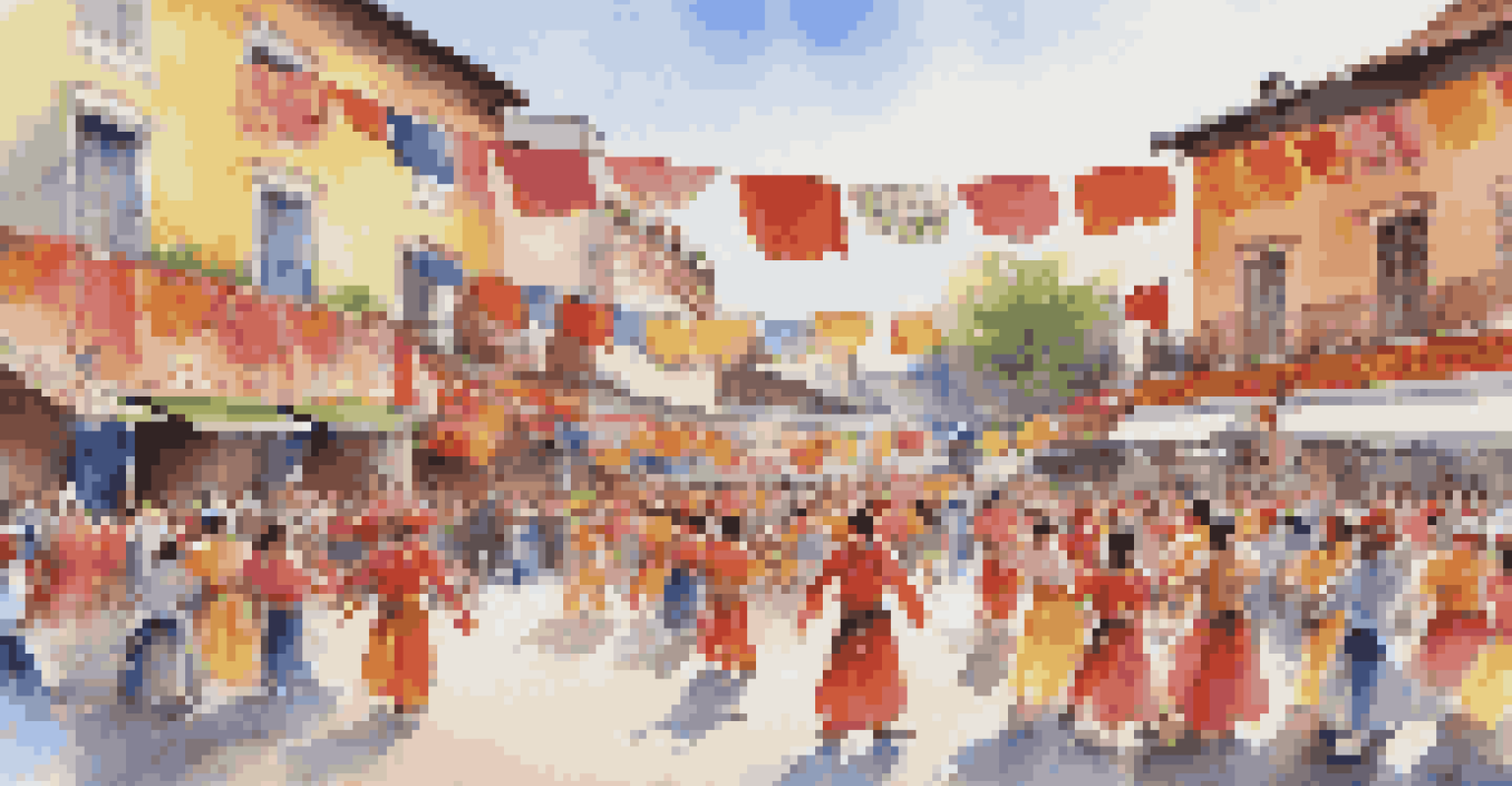 A lively festival scene with traditional dancers in colorful costumes and an engaged audience in a town square.