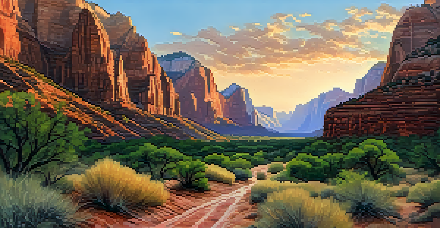 A view of Zion National Park with red rock cliffs, a hiking trail, and lush greenery during golden hour.
