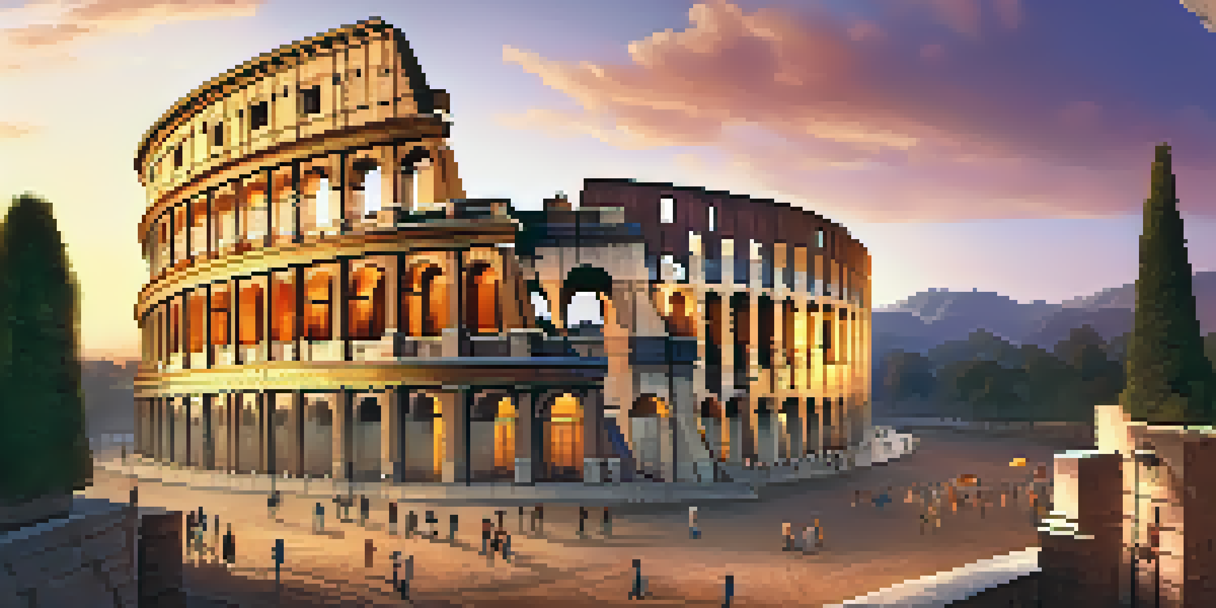 The Colosseum at sunset, with tourists in the foreground admiring the structure bathed in golden light.