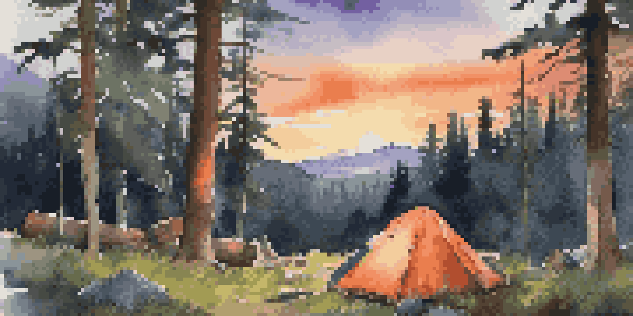 A peaceful camping scene with a tent and campfire at sunset, surrounded by greenery and adventure gear.