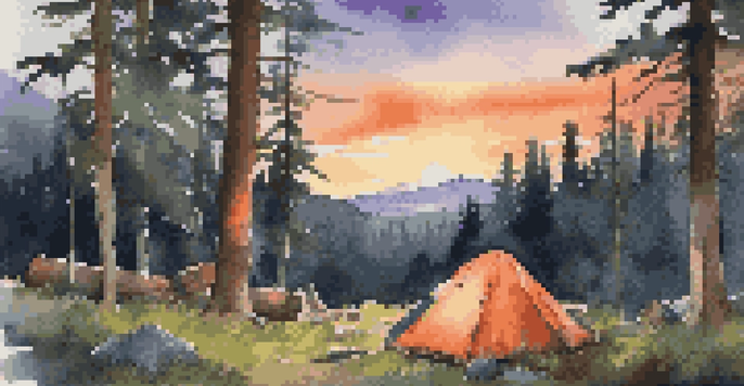 A peaceful camping scene with a tent and campfire at sunset, surrounded by greenery and adventure gear.