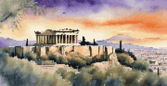 A panoramic view of the Acropolis at sunset, featuring the Parthenon against a colorful sky.