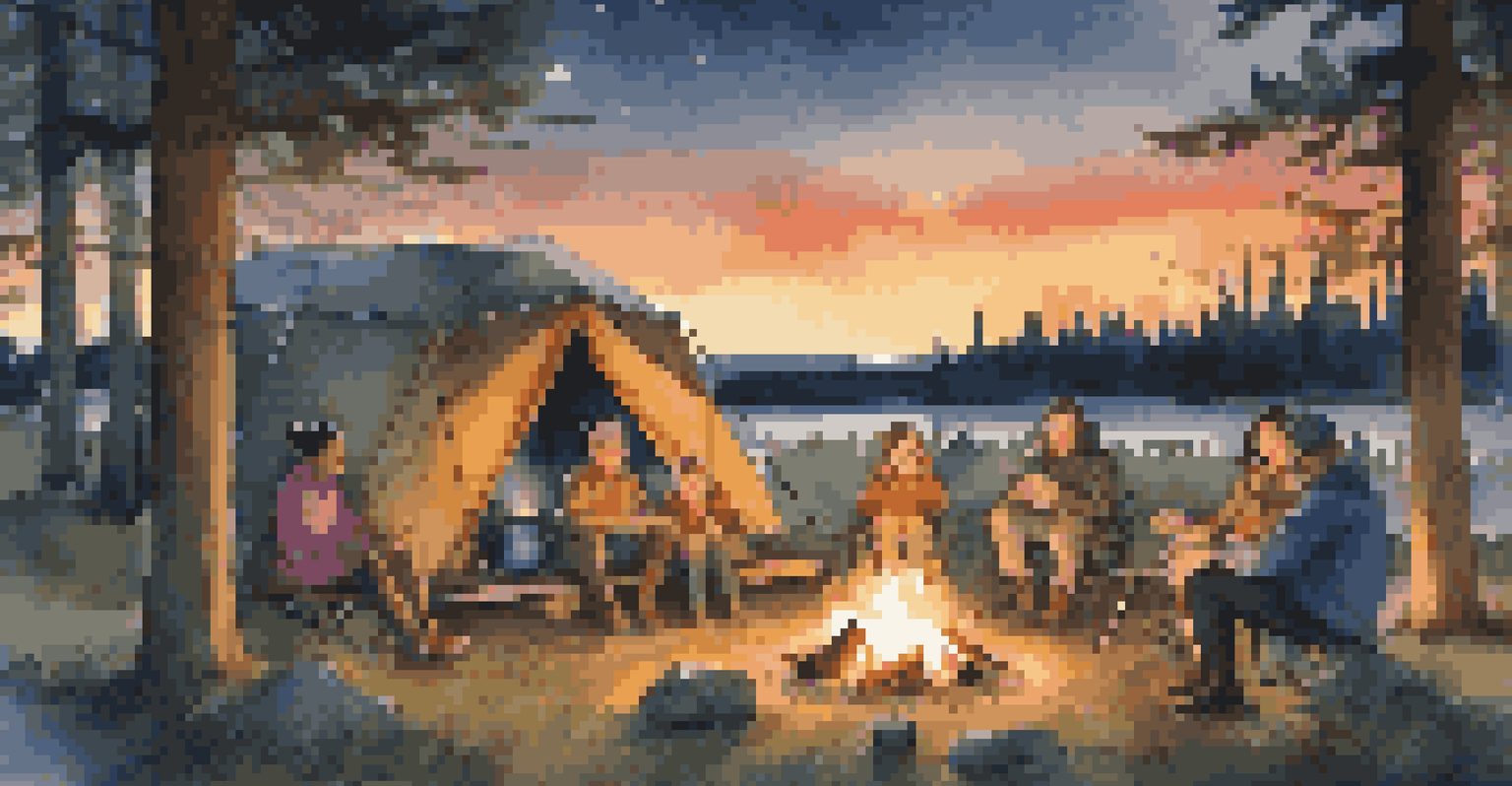 A family sitting around a campfire at dusk, roasting marshmallows and enjoying each other's company under a starlit sky.