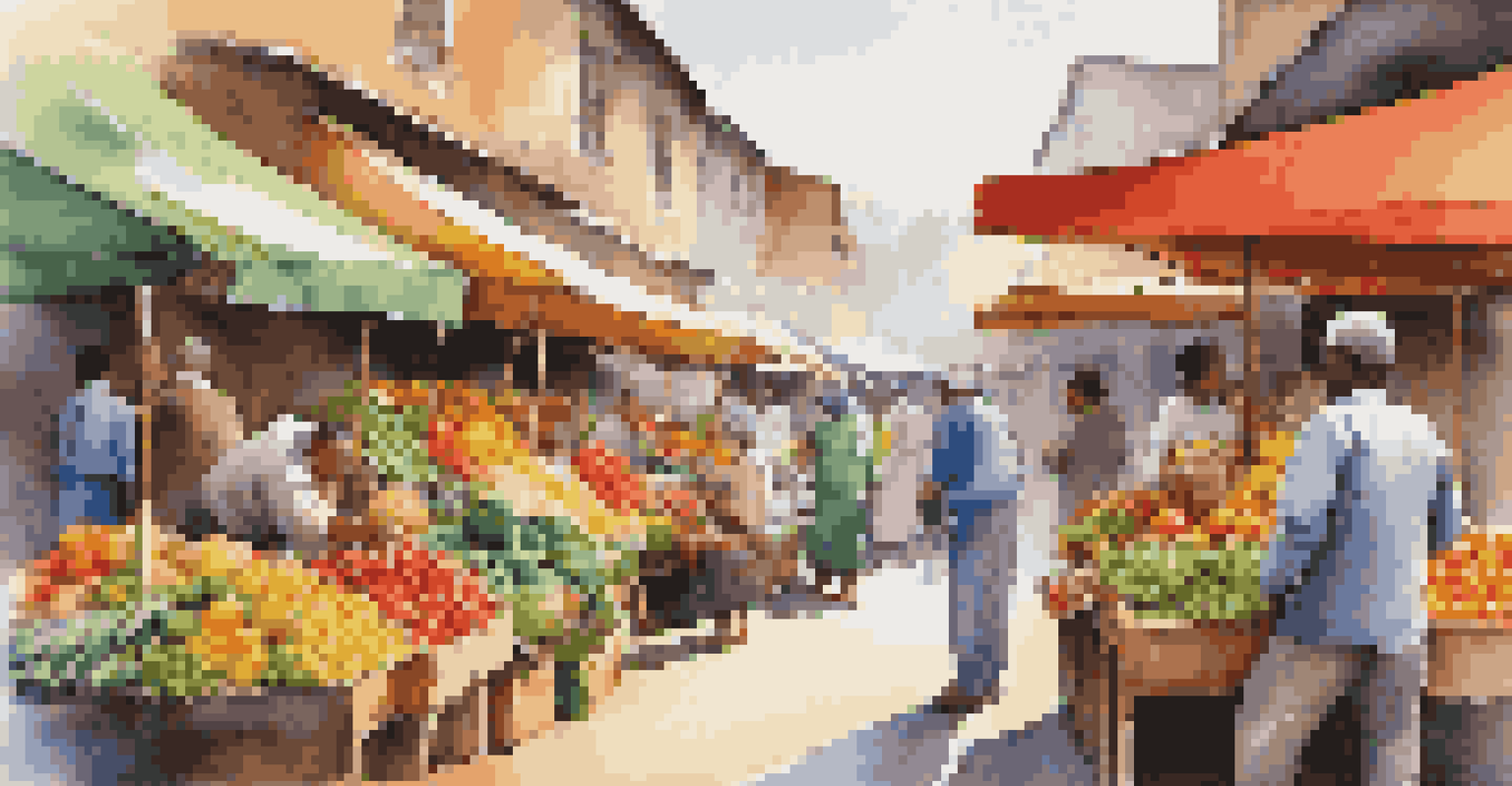 A vibrant market with colorful stalls and a vendor interacting with a customer.