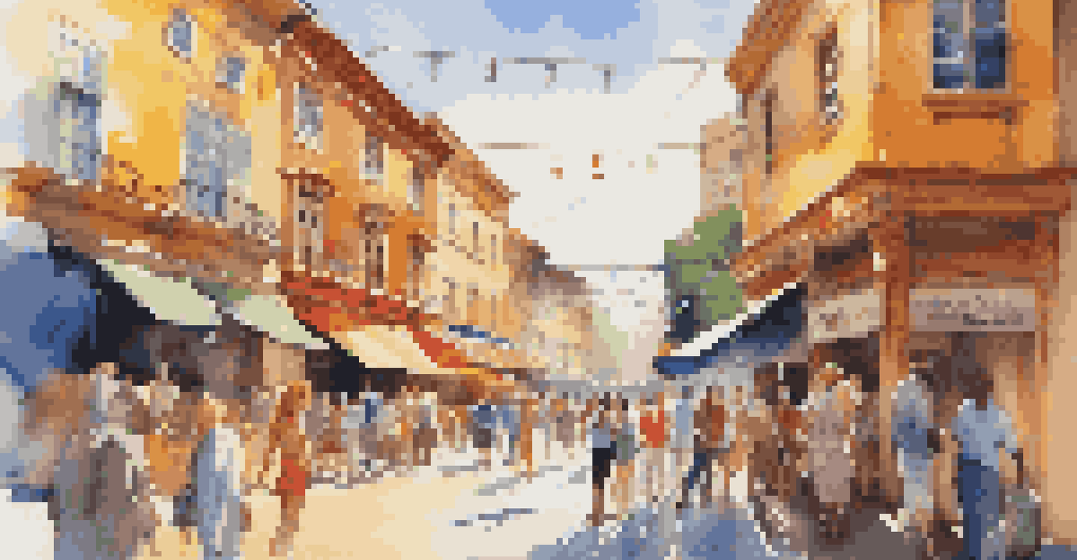 A lively street scene with travelers talking in front of colorful shops and attractions, illuminated by bright sunlight.