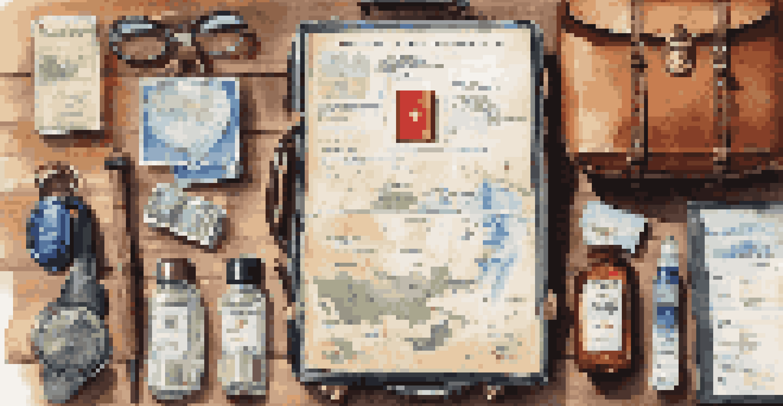 A flat lay of travel essentials including a passport, vaccination records, and a map on a wooden table.