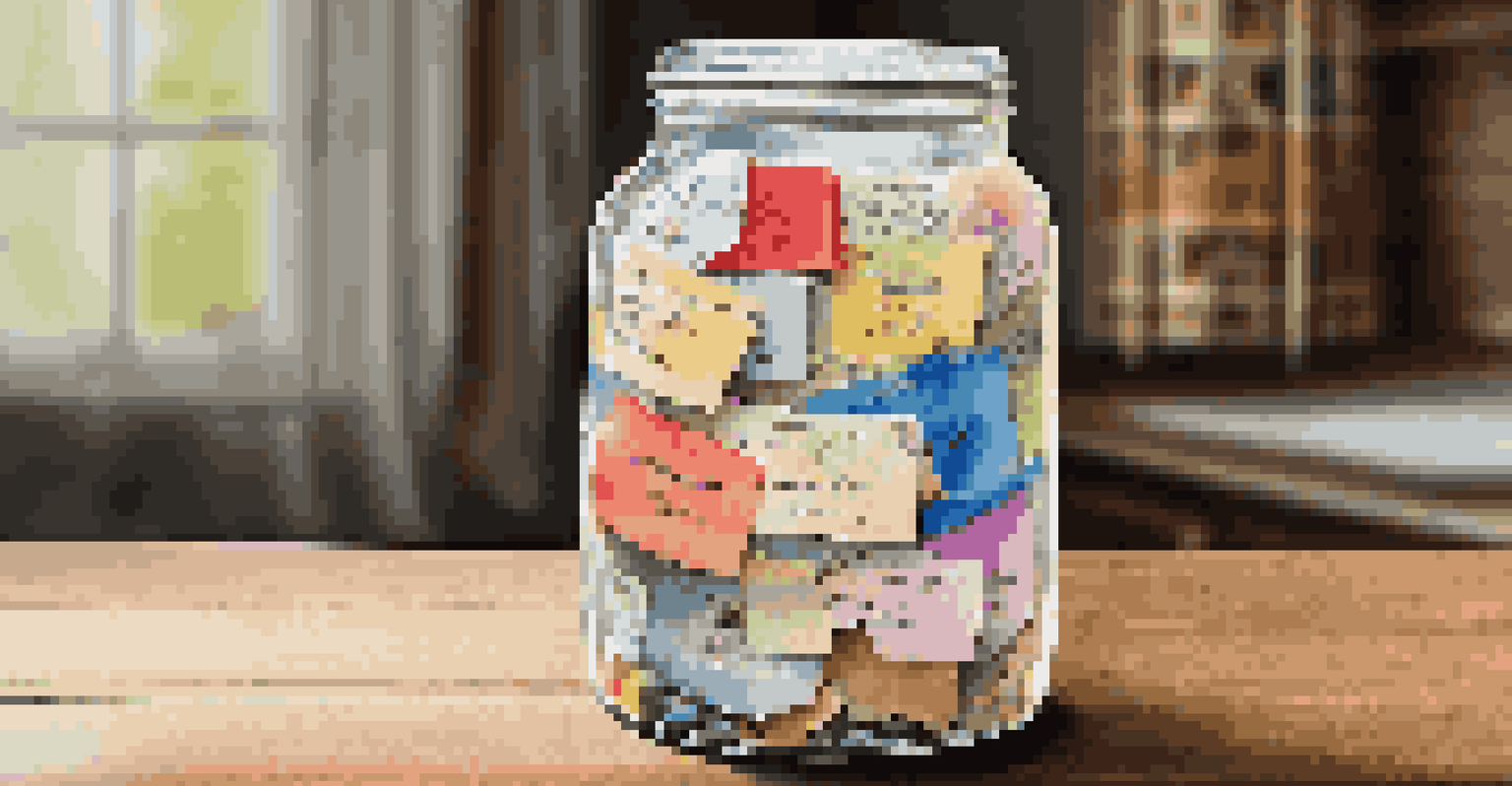 A decorated memory jar filled with colorful slips of paper, displayed on a wooden table in soft light.