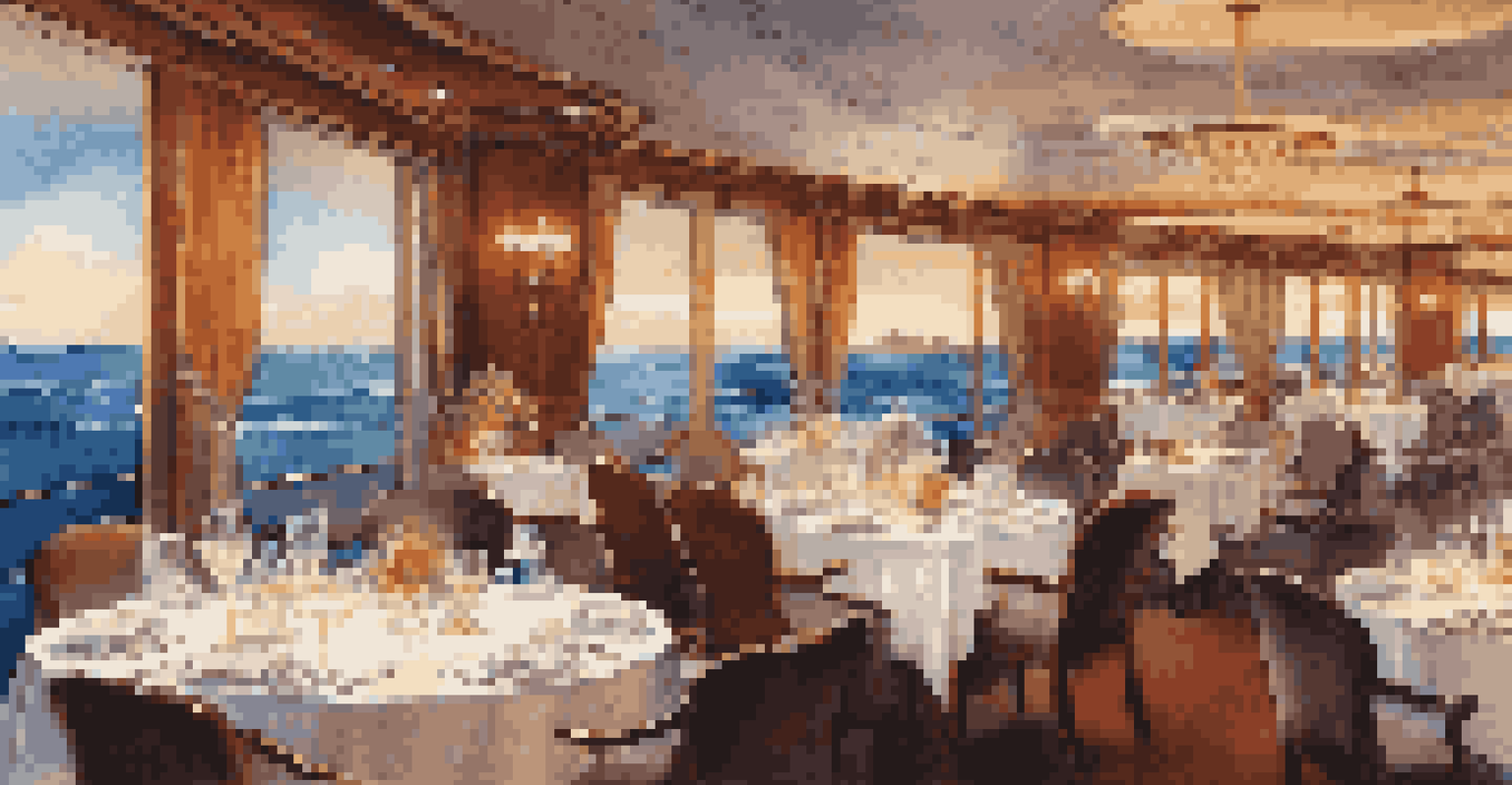 An elegant dining area on a cruise ship, featuring beautifully set tables and ocean views.