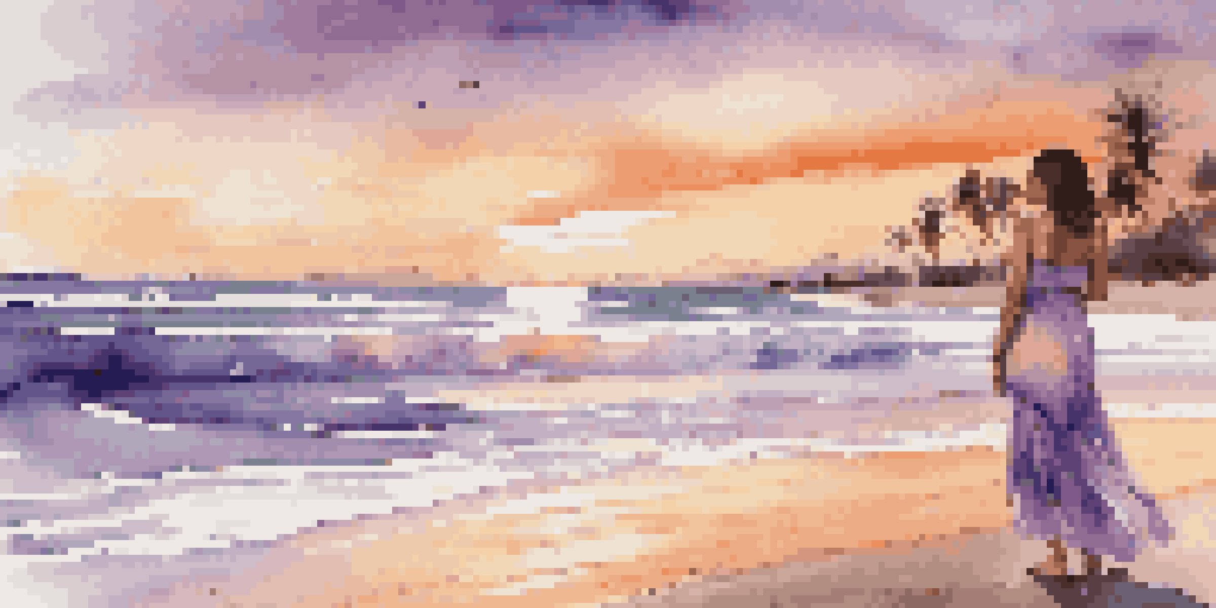 A pregnant woman in a sundress standing on a beach at sunset, with colorful skies and palm trees in the background.