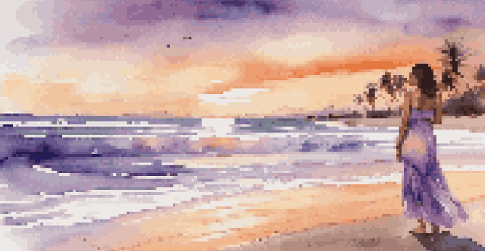 A pregnant woman in a sundress standing on a beach at sunset, with colorful skies and palm trees in the background.