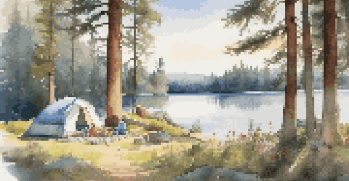 A family enjoying a picnic by a colorful tent next to a lake, surrounded by tall pine trees and wildflowers.