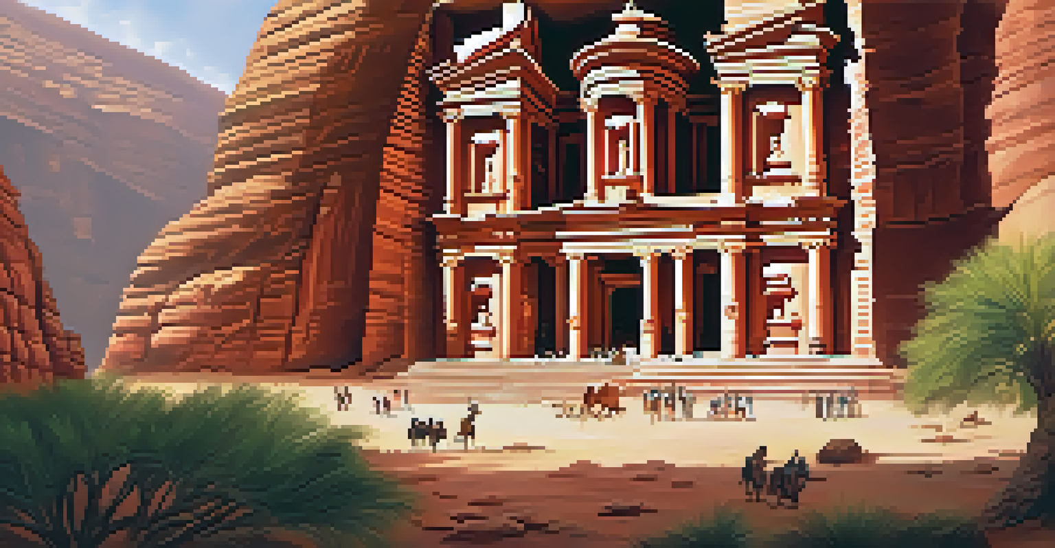 A stunning view of the ancient temple in Petra with intricate stone carvings and surrounding mountains.