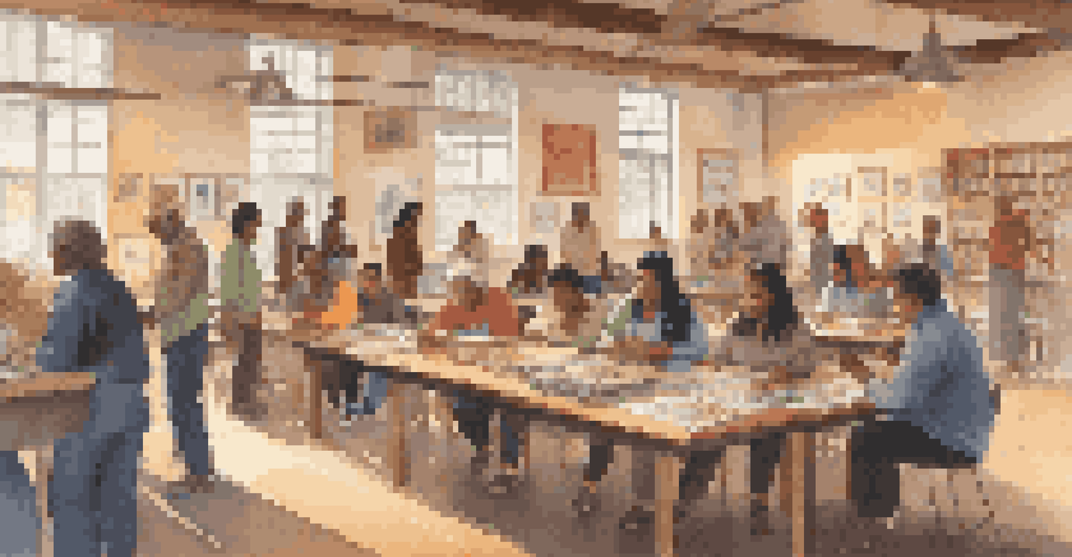 An educational workshop in a community center, with participants of various ages learning about cultural artifacts at a table surrounded by books and vibrant posters.
