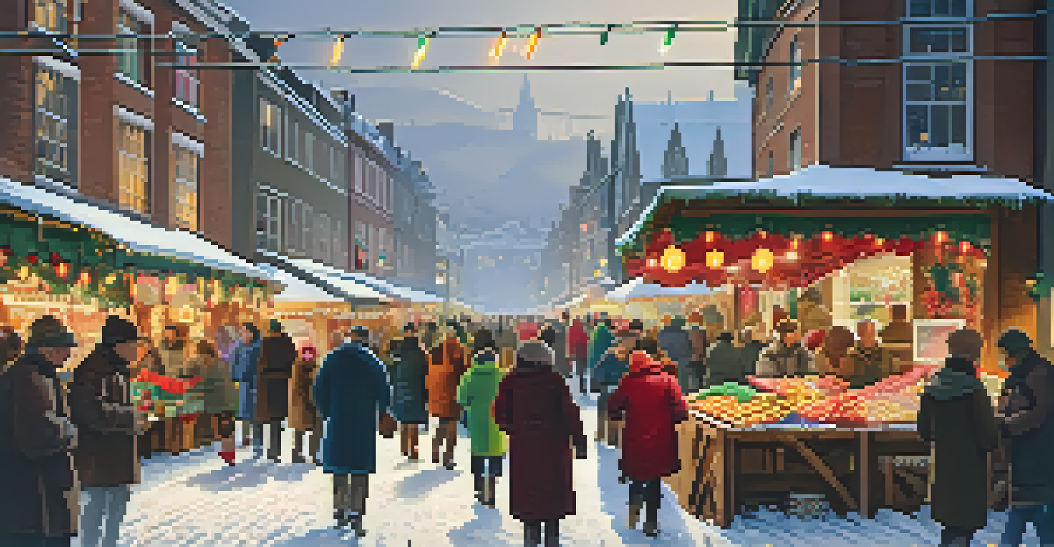 A lively winter market filled with colorful stalls, festive lights, and people enjoying the atmosphere and warm drinks.