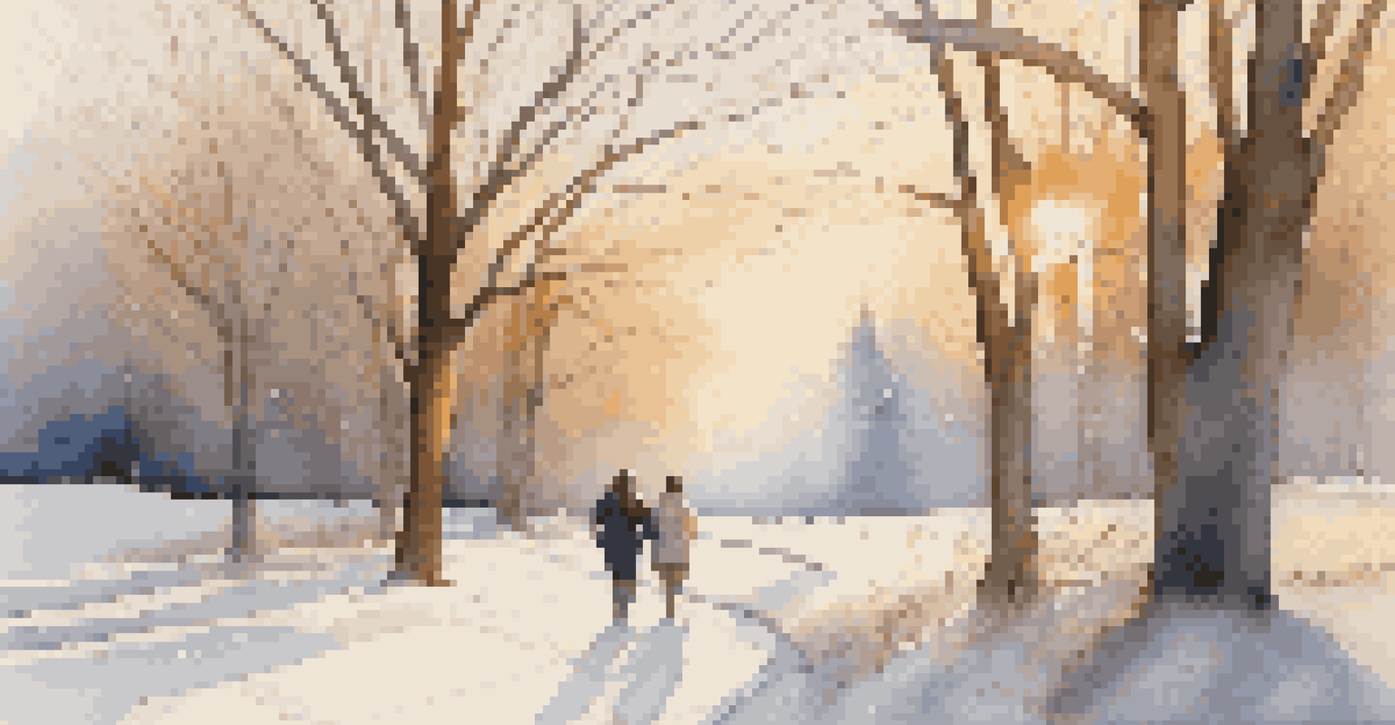 A snowy park scene with frosted trees and a couple walking together during golden hour light.
