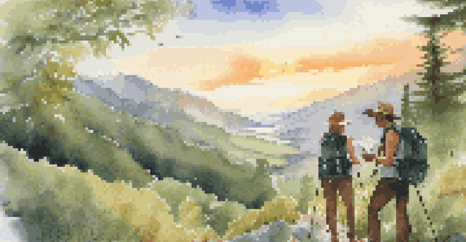 A couple hiking together on a scenic trail, with mountains and greenery around them.