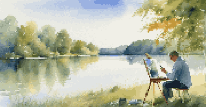A tranquil lake surrounded by green forests with an artist sketching by the shore in the foreground.