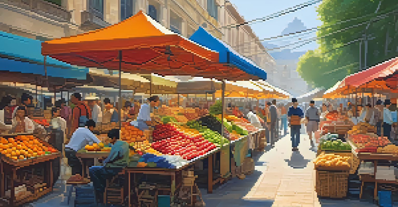 A bustling street market with colorful stalls and diverse people shopping and interacting under warm sunlight.