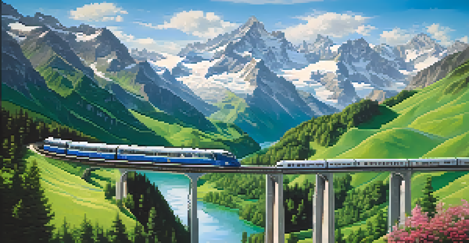 A picturesque view of a colorful train traveling through the Swiss Alps, with mountains and valleys in the background.