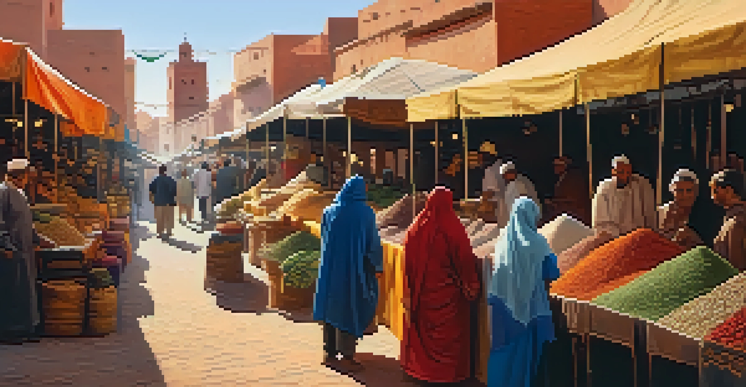 A lively Marrakech market showcasing colorful spices and textiles, with vendors interacting with customers.
