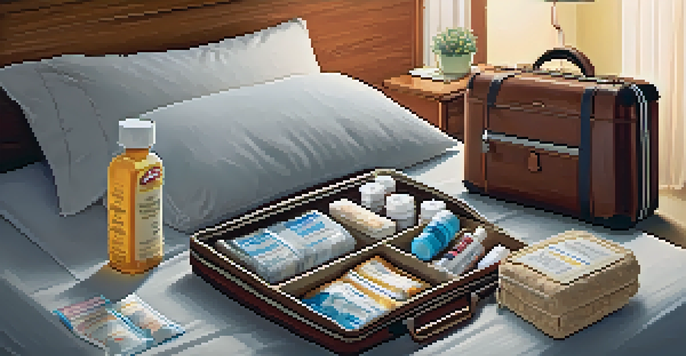 A suitcase packed with allergy medications and snacks in a cozy bedroom setting.