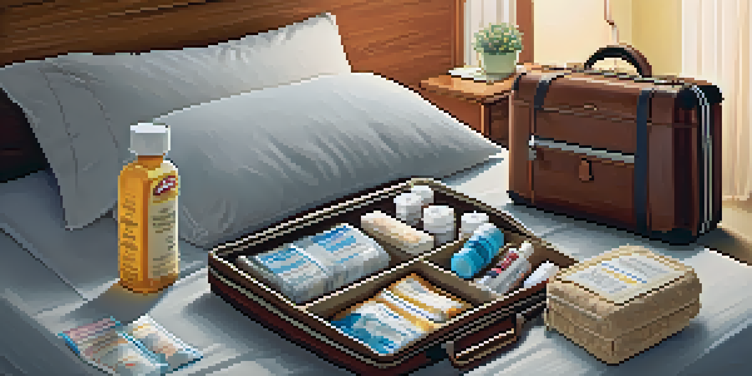 A suitcase packed with allergy medications and snacks in a cozy bedroom setting.