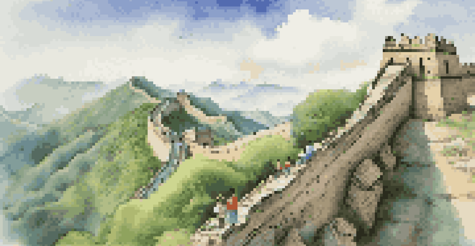A family walking along the Great Wall of China, with stunning mountain scenery and a bright sky.