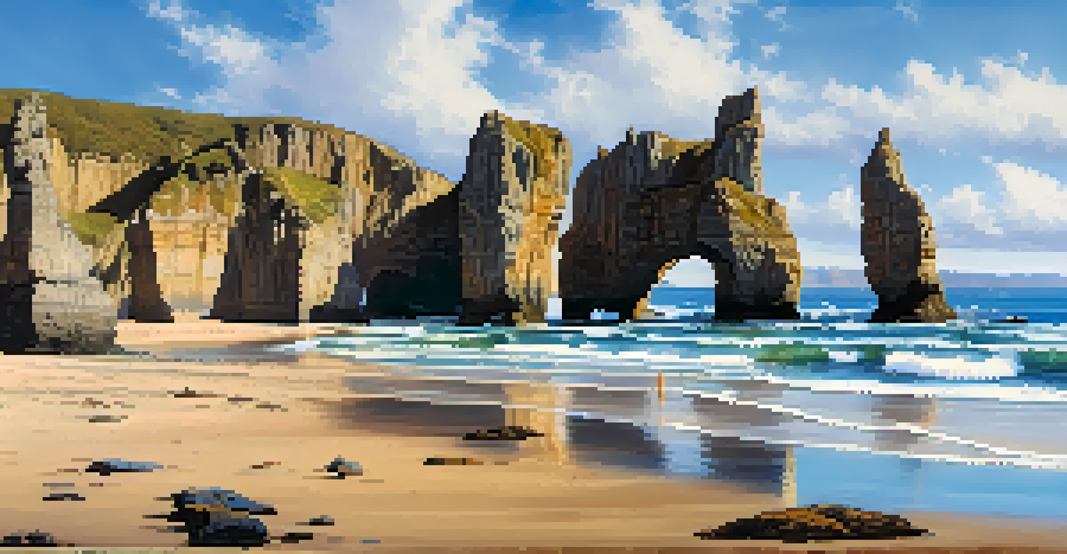 A scenic view of Playa de las Catedrales with rock formations and natural arches, featuring visitors on the sandy beach and a clear blue sky.