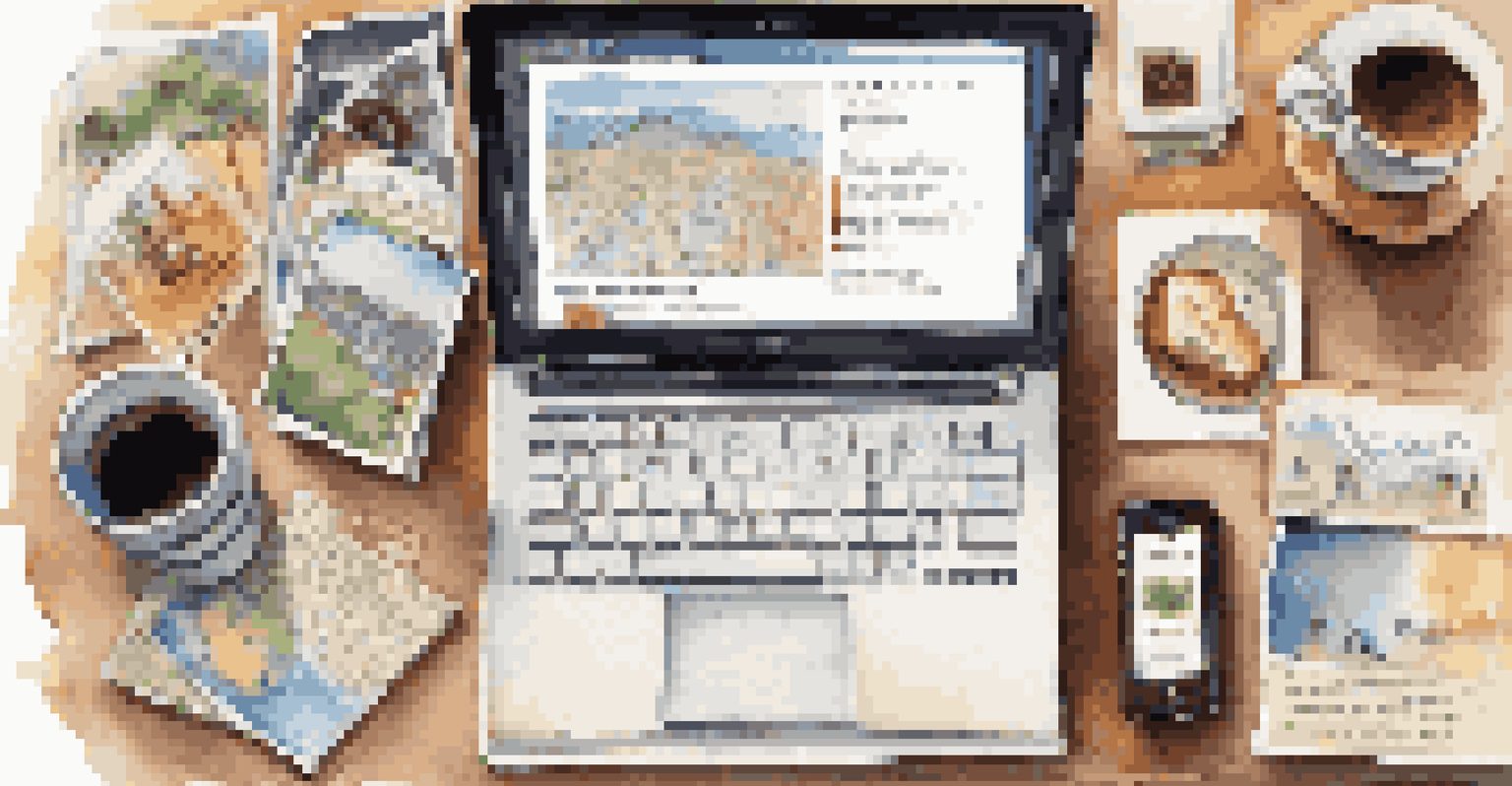 A travel enthusiast's desk with a laptop, notepad, coffee, brochures, and a globe, all in warm light.