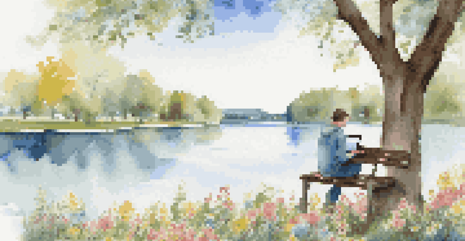 A traveler sitting on a park bench using a laptop to connect with an online travel community, surrounded by blooming flowers and a lake.