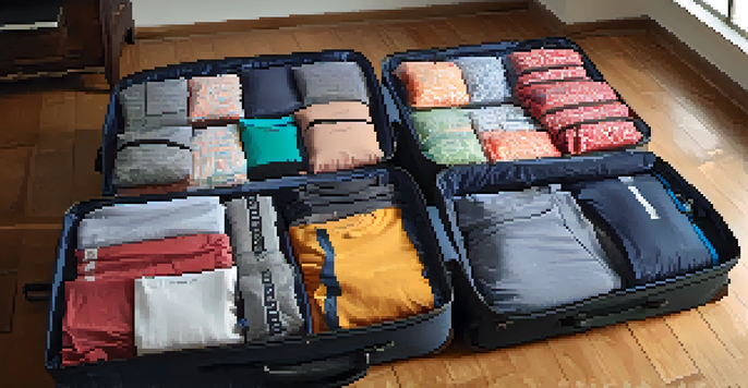 An organized suitcase showcasing colorful packing cubes separating different clothing categories, with natural light illuminating the scene.