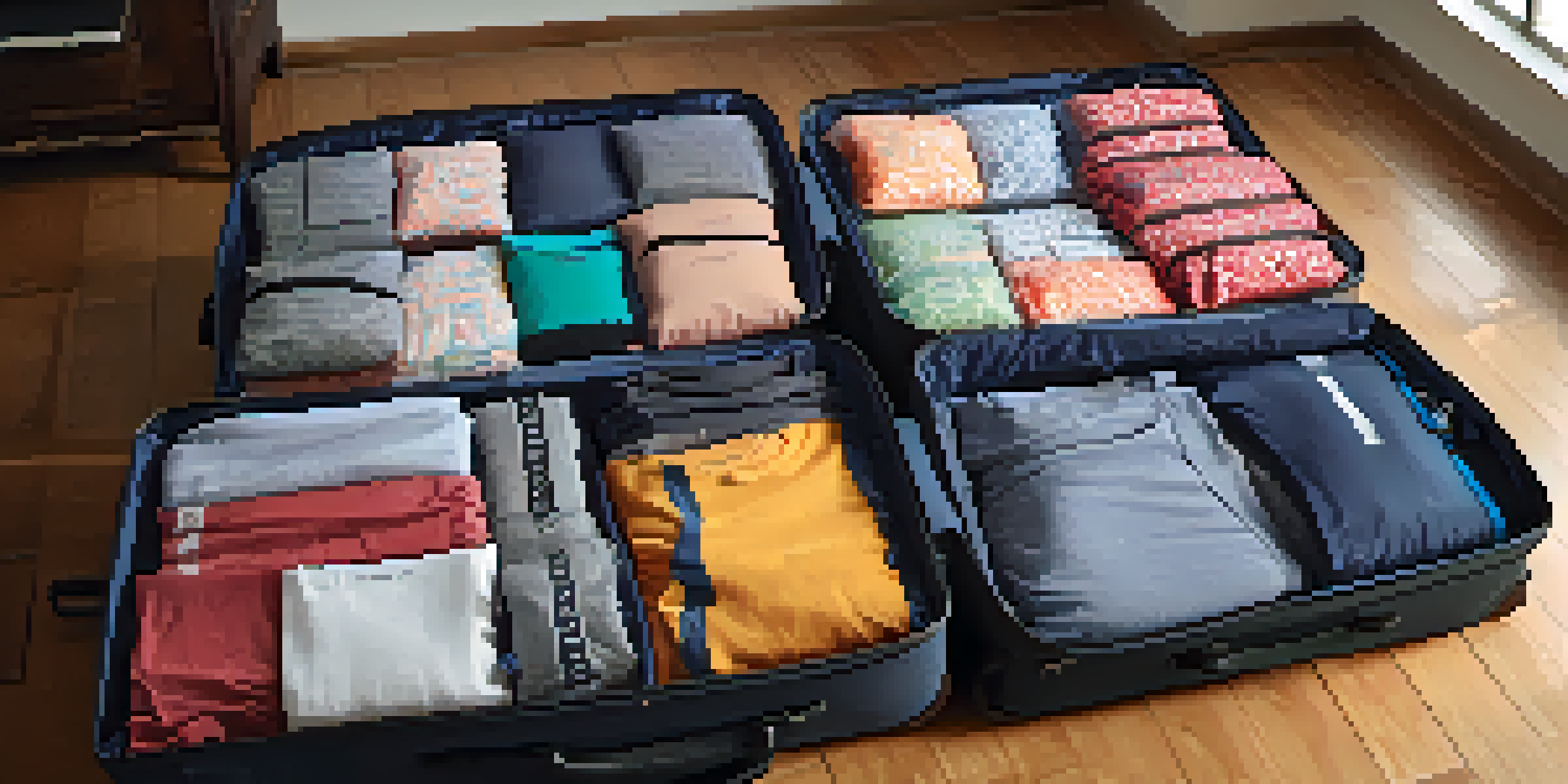 An organized suitcase showcasing colorful packing cubes separating different clothing categories, with natural light illuminating the scene.